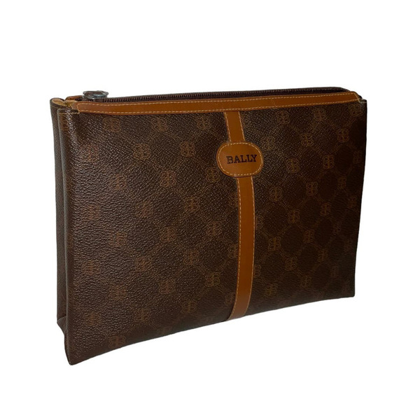 Vintage Bally Monogram Clutch Brown Coated Canvas Cosmetic Pouch Leather Trim - Picture 1 of 12